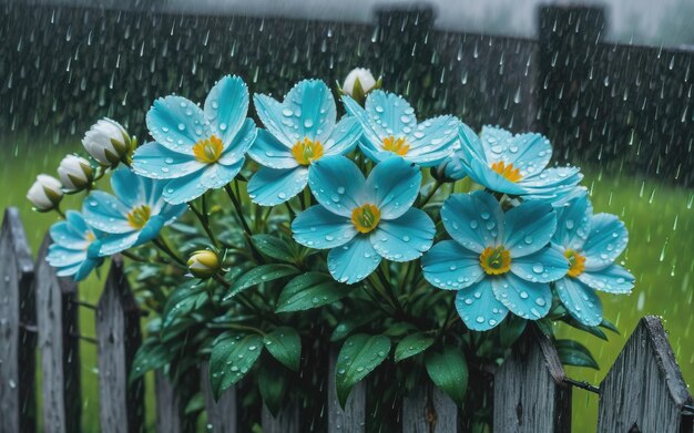 Cyan and white colour flowers on a fence in the rain