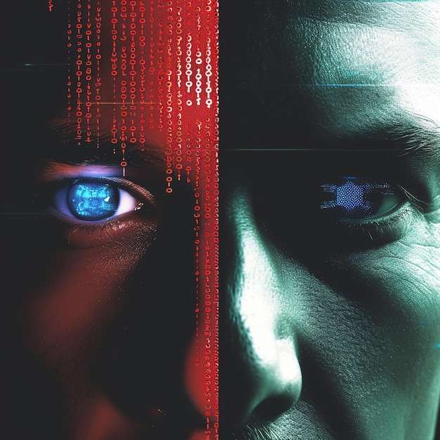 Cyber aanval concept Man gezicht met binaire code 3D rendering