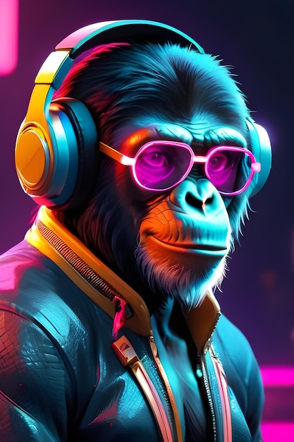 Foto cyber aap met zonnebril, koptelefoon, digitale tekenkunst funky chimpanzee in cyberpunk stijl
