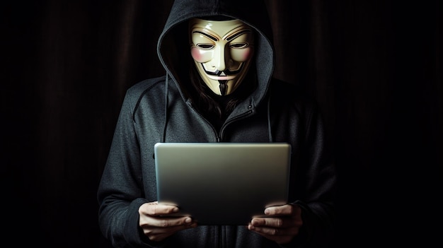 Photo cyber attack concept portrait of a hacker in a black hoodie holding a tablet computer