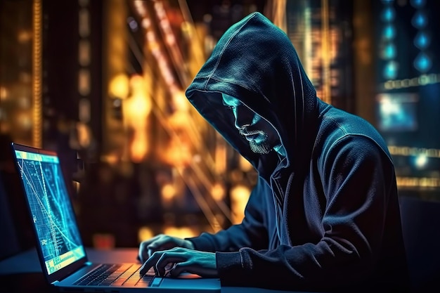 Cyber attack with unrecognizable hooded hacker