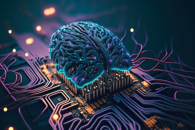 Cyber brain of Artificial Intelligence Wires and circuit attached Futuristic life Generative AI