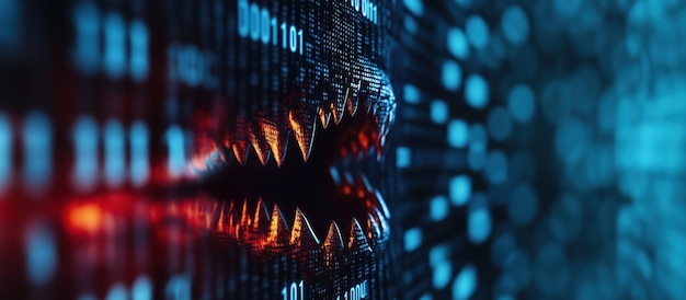 cyber bug with sharp fangs emerging from digital data creating striking visual