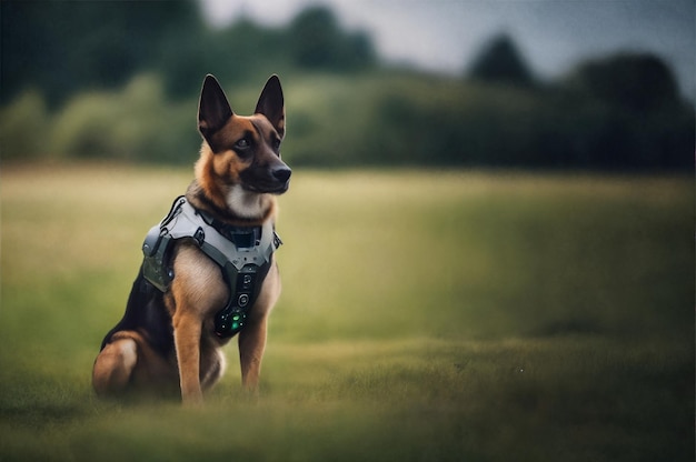 Foto cane cybernetico futuristico in giubbotto cibernetico