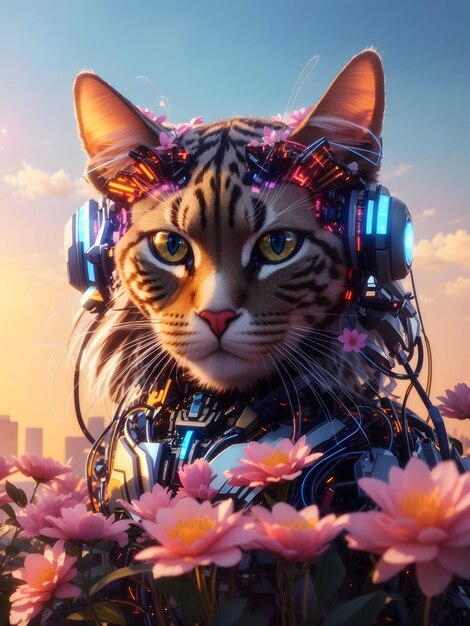 cyber cat with giant electro flowe