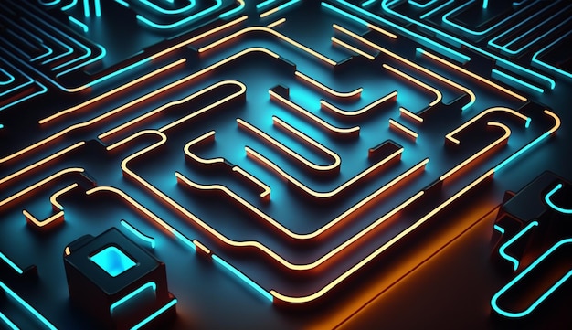 cyber circuit futuristic neon backgroundmotif maze techno wallpaper landscaper generative ai