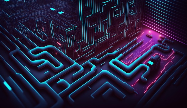 cyber circuit futuristic neon backgroundmotif maze techno wallpaper landscaper generative ai