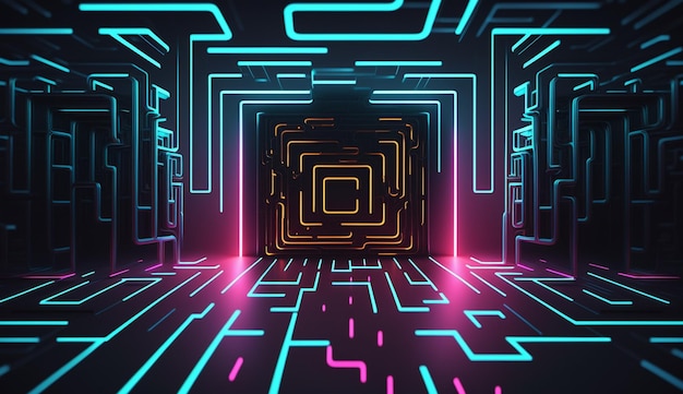 cyber circuit futuristic neon backgroundmotif maze techno wallpaper landscaper generative ai