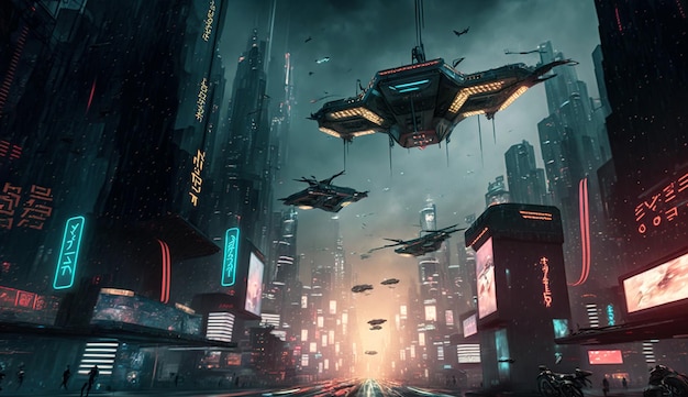 Cyber city at night futuristic cyberpunk aircrafts flying above street generative AI