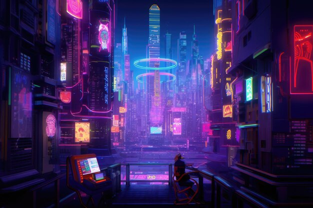 Photo cyber city at night with tall buildings and neon signs generative ai