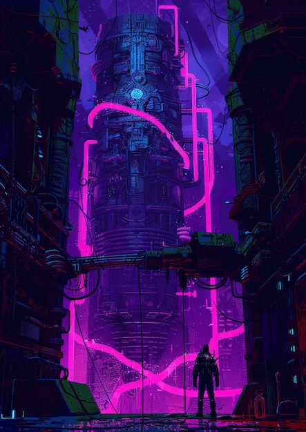 Foto città cibernetica con un uomo in piedi di fronte a un edificio rosa neon generativo ai