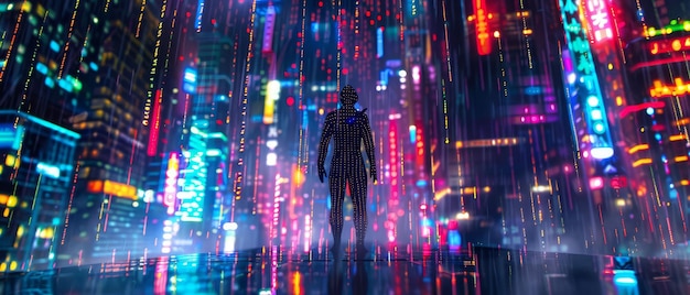 Cyber Cityscape nanofiber jumpsuit drukke metropool van neon hologrammen regen lijnen van binaire code virtuele regen fotografie chromatische aberratie beweging vervaagde silhouet shot