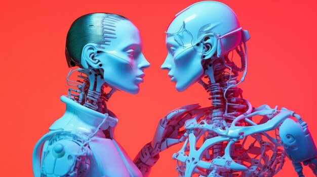 Photo an cyber couple 3d model robots from the 1980s with old noise generative ai