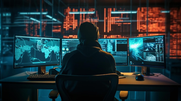 Cyber criminal hacking system at monitors hacker
