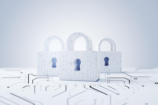 Photo cyber data privacy and network protection concept with front view on padlocks binary code printed on light surface with microcircuit on abstract white background 3d rendering