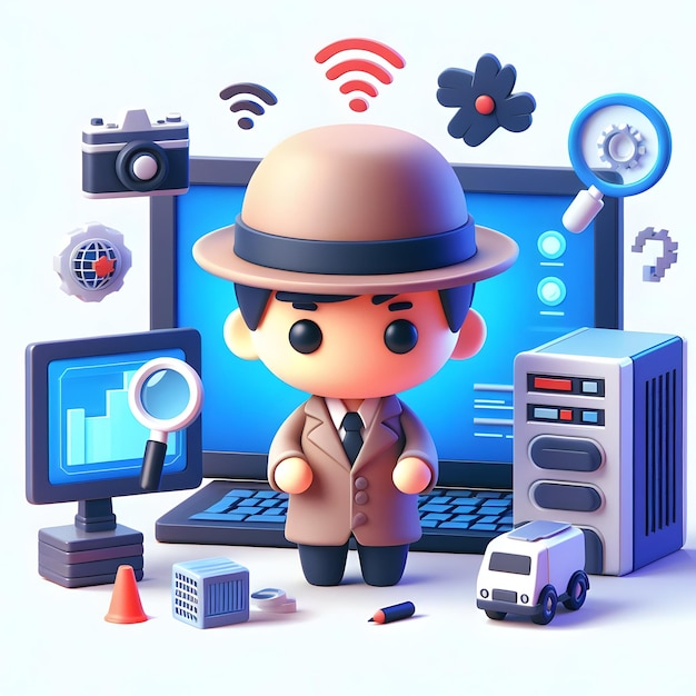 Cyber Detective concept as Solving Crimes in the Digital Age with white background and isolated cute