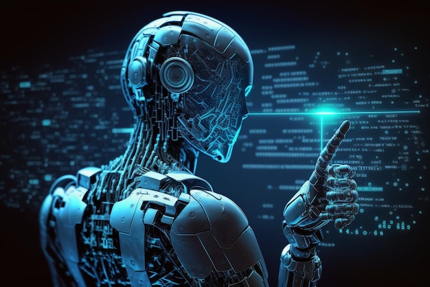 Кибер-цифровой мир робот-андроид, указывающий пальцем, компьютерное кодирование, фон чат-бота AI