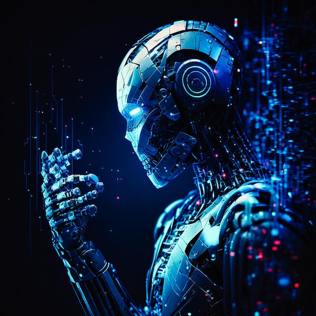 Cyber digital world android robot pointing finger generative AI