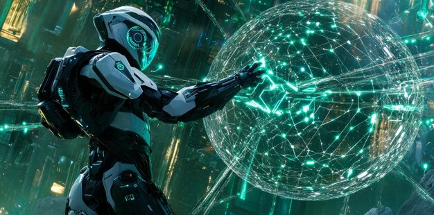 cyber digital world with an android robot pointing at a computer coding ai chatbot set against a background of futuristic tech automation and digital concept