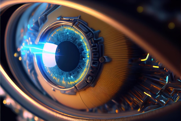 Photo a cyber eye with mechanical details in closeup a cybernetic eye with bright colors