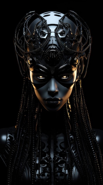 A cyber goth woman with headdress black background