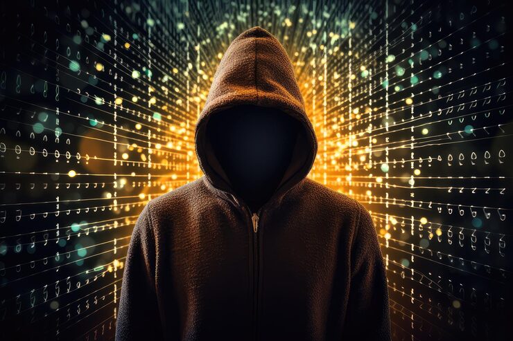 Photo cyber hacker digital cybersecurity concept with hooded hacker anonymous hacker with hood with programming codes on background hacker and cyber security concept