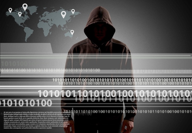 Cyber hacker in hoodie on icons background