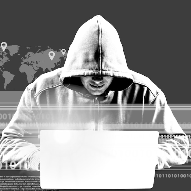 Foto hacker informatico che utilizza laptop su sfondo scuro con icone