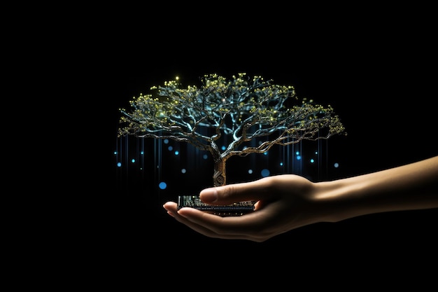 Foto cyber hand tree cyber hand holding tree ai technologyon sullo sfondo nero