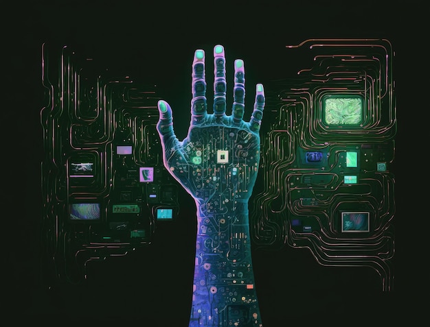 Cyber hand with microchips and microcircuitry neon glowing reliable computer service