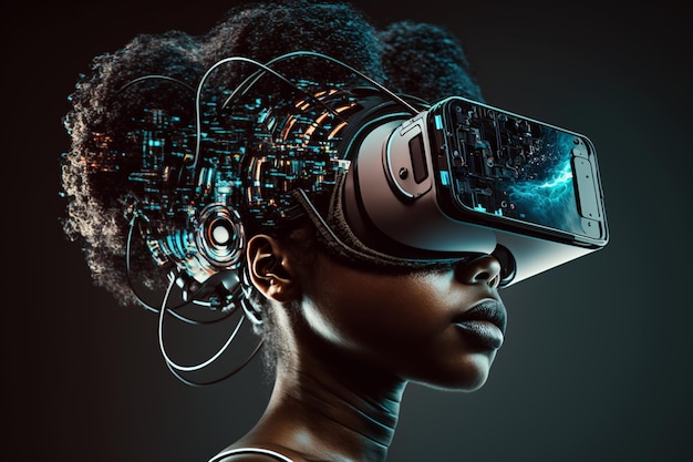 Cyber-headset zwarte dame die cyberspace verkent in VR-headset ai-generatie