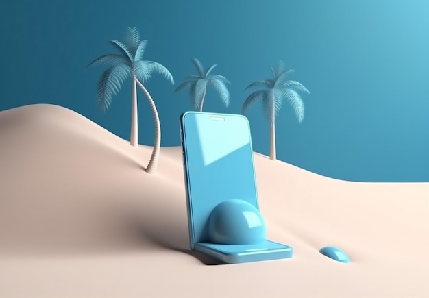 Кибер праздник пальмовый телефон концепция море лето песок креатив макет Генеративный ИИ