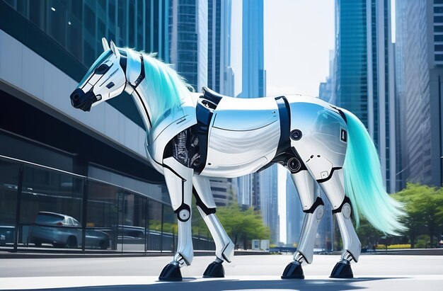 a cyber horse walks among a skyscraper