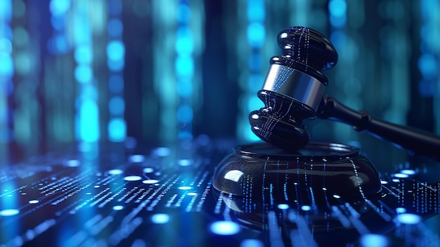 Cyber Law and Digital Rights Courtroom settings focusing on issues like data privacy cybercrimes and digital rights reflecting the evolving nature of legal accountability in the digital age