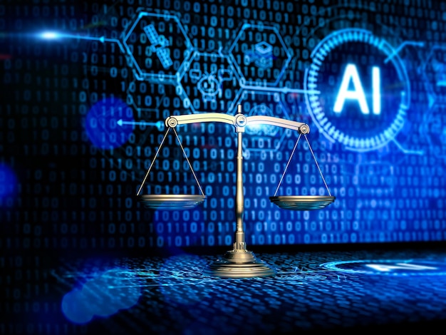 Photo cyber law or internet law concept with law scale and artificial intelligence