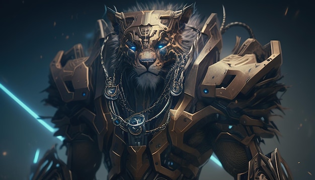 Cyber lion warrior digital art illustration Generative AI