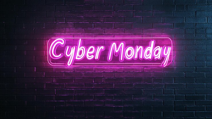 Foto cyber maandag neon teken bakstenen muur achtergrond