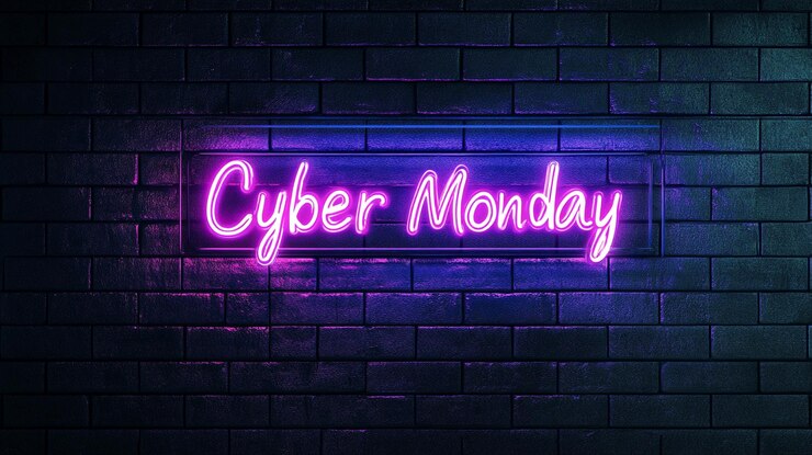 Foto cyber maandag neon teken bakstenen muur achtergrond