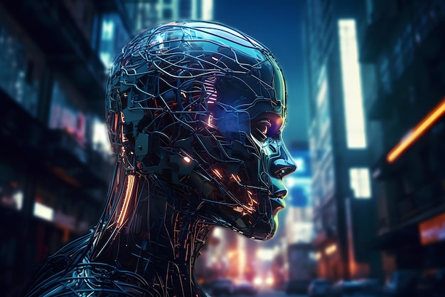 Cyber man in the neon city of the future Neural network AI generated