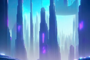 Cyber mega city of the future landscape scene, colorful illustration