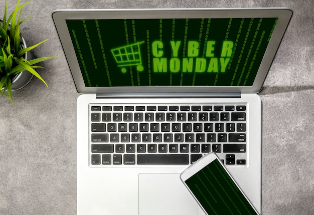 Cyber Monday advert on the laptop screen on the desk