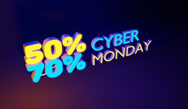 Cyber Monday colorful neon style concept sign sales background, 3d render
