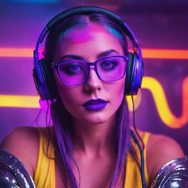 Cyber monday concept hot girl dj in neon lights with headphones