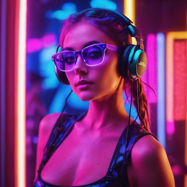 Cyber monday concept hot girl dj in neon lights with headphones
