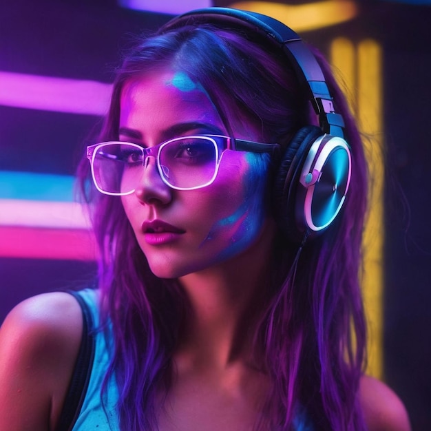 Cyber monday concept hot girl dj in neon lights with headphones