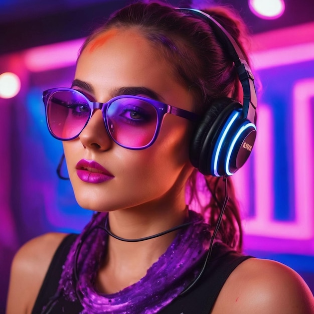 Cyber monday concept hot girl dj in neon lights with headphones