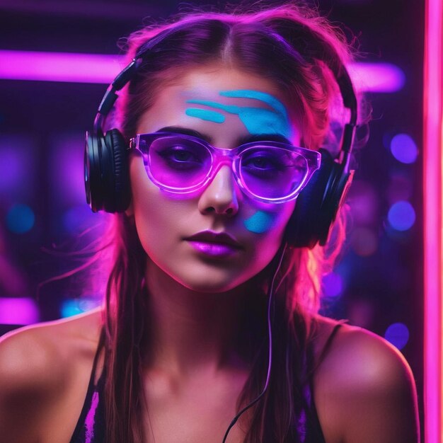 Cyber monday concept hot girl dj in neon lights with headphones