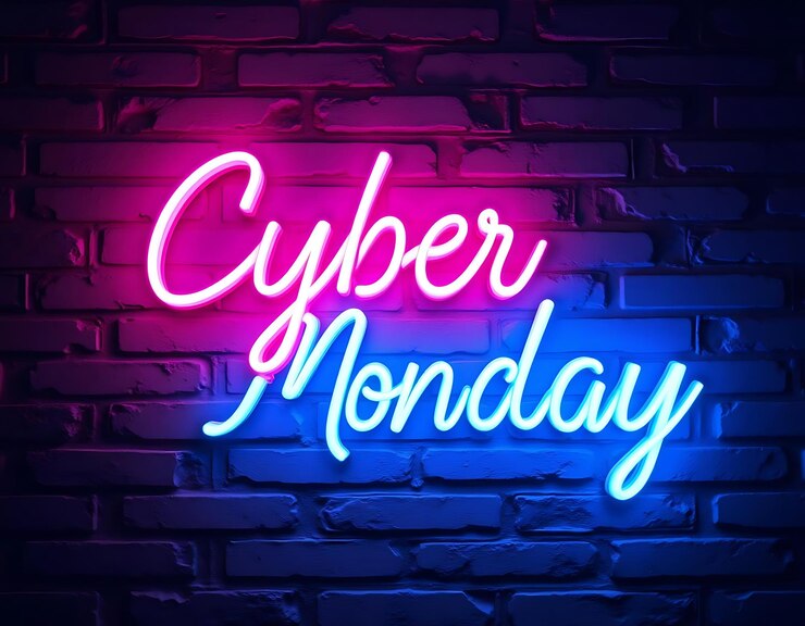 Foto cyber monday neon bord op bakstenen muur achtergrond