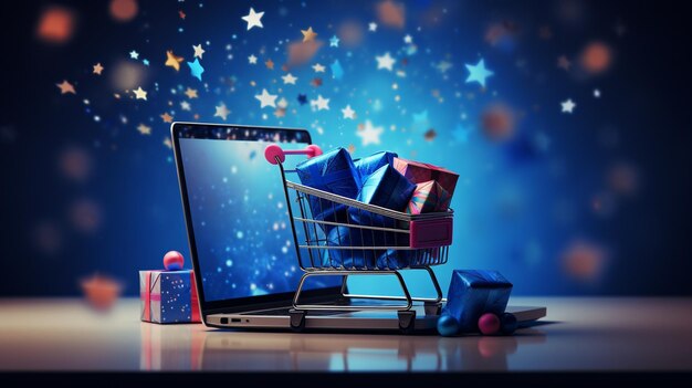 Cyber monday retail sales miniature with mini presents shopping cart laptop