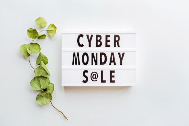 Cyber monday sale flat lay on white background